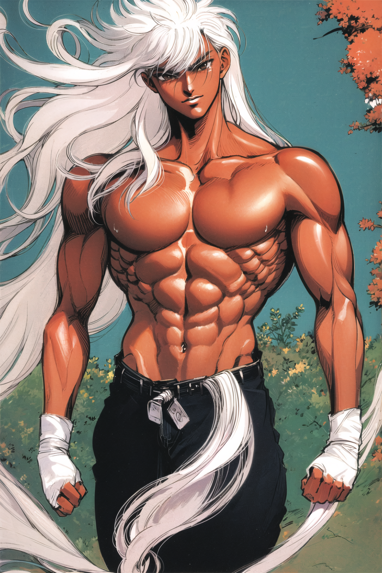 06136-3839495097-Kazushi Hagiwara,1boy, male focus, long hair, solo, topless male, white hair, very long hair, navel, dark-skinned male, retro ar.png